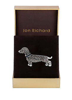 Rhodium Plated Hematite Sausage Dog Brooch - Gift Boxed by Jon Richard