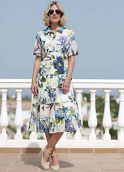 Romantic Floral Long Shirt Dress in Blue by Pomodoro
