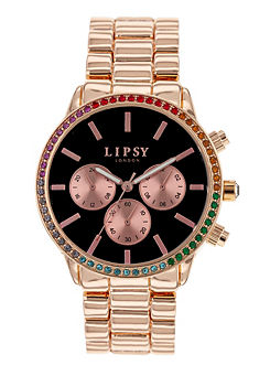 Rose Gold Bracelet Ladies Watch With Black Dial by Lipsy