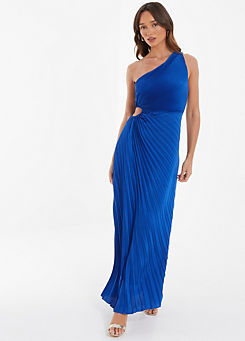 Royal Blue Satin Pleated One-Shoulder Maxi Dress by Quiz