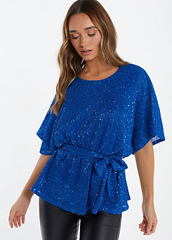 Royal Blue Sequin Batwing Sleeve Peplum Top by Quiz