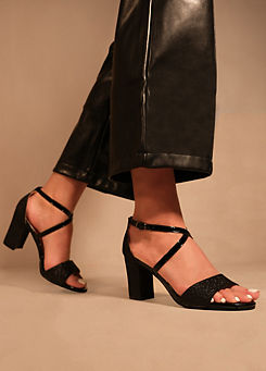 Ruth Black Glitter Block Heel Sandals by Where’s That From