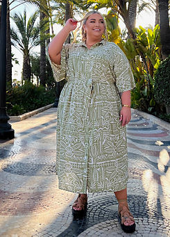 Sage Printed Maxi Belted Shirt Dress by In The Style x
