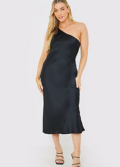 Satin One Shoulder Midi Dress in Black by In The Style x