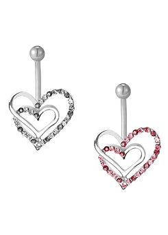 Set of 2 Double Heart Pavé Cubic Zirconia Belly Button Bars by For You Collection
