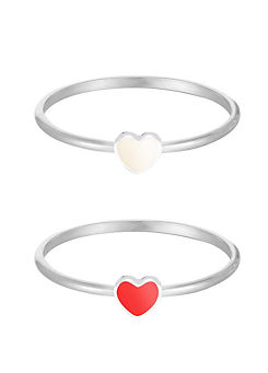 Set of 2 Sterling Silver Red & White Enamel Heart Rings by For You Collection