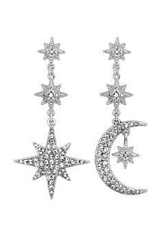 Silver Crystal Moon And Star Statement Drop Earrings by MOOD by Jon Richard