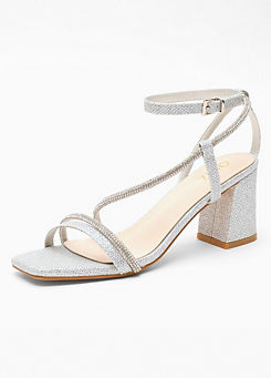 Silver Diamante Asymmetric Block Heel Sandals by Quiz