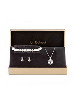 Silver Plated Clear Crystal Pearl & Crystal Cluster Trio Set- Gift Boxed by Jon Richard