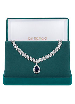Silver Plated Cubic Zirconia Baguette Navette Blue Sapphire Pearl Drop Necklace - Gift Boxed by Jon Richard