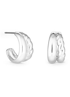 Silver Plated Stainless Steel Polished and Textured Hoop Earrings by Jon Richard
