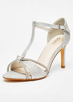 Silver Shimmer Diamante T-Bar Heel Sandals by Quiz
