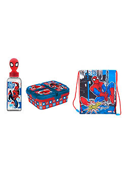 Spiderman Triple Set - XL Multi Compartment Sandwich Box, 3D Figurine Drinks Bottle & Drawstring Lunch Bag by Stor