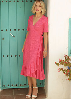 Spot Midi Wrap Dress in Bright Pink by Pomodoro