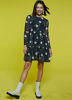 Spot Print Mesh Tiered Mini Dress by Freemans