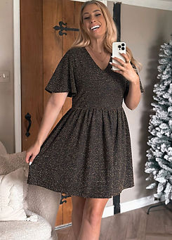 Stacey Solomon Black Foil Print Puff Sleeve Skater Dress by In The Style