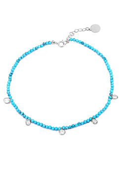 Sterling Silver Aqua Bead & CZ Charm Adjustable Anklet by For You Collection