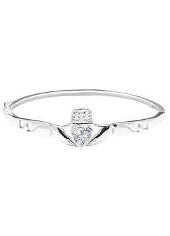 Sterling Silver Claddagh Cubic Zirconia Hinged Bangle by For You Collection