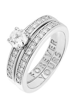 Sterling Silver Cubic Zirconia 2-piece Solitaire & Eternity ’Forever Yours’ Message Ring by Emily & Ophelia