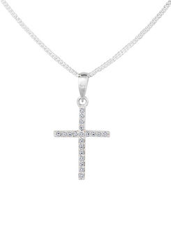 Sterling Silver Cubic Zirconia Cross Pendant Adjustable Necklace by For You Collection