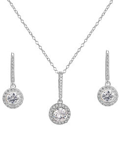 Sterling Silver Hook Drop Halo CZ Earring And Pendant Adjustable Necklace Set by For You Collection