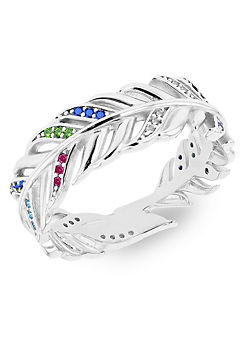 Sterling Silver Multi Coloured Round CZs Feather Ring by Tuscany Silver