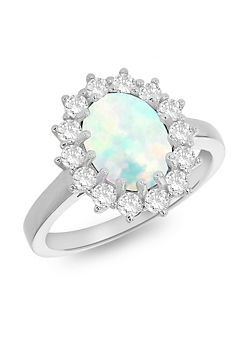 Sterling Silver Rhodium Plated Synthetic Opal & White Cubic Zirconia Flower Cluster Ring by Tuscany Silver
