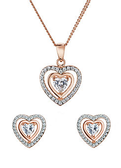 Sterling Silver Rose Gold Plated Cubic Zirconia Heart Pendant & Stud Earrings Set by Emily & Ophelia