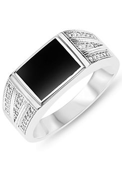 Sterling Silver with Onyx and Cubic Zirconia Men’s Signet Ring
