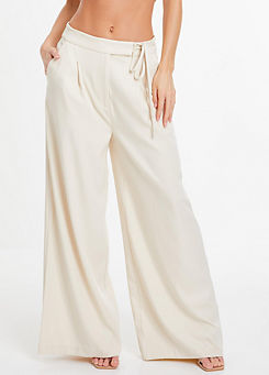 Stone Wide Leg Trousers with Tie Detail by Quiz