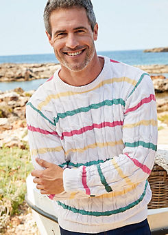 Stripe Cotton Cable Knit Crew Neck Jumper by Cotton Traders