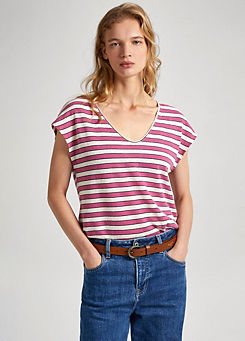 Stripe V-Neck Linen T-Shirt by Pepe Jeans