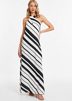 Striped Black and Cream Maxi Dress with Keyhole Neck by Quiz