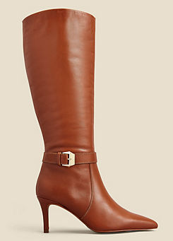 Tan Leather Buckle Detail Stiletto Heel Knee High Boots by Sosandar