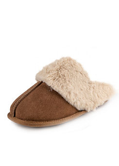 Tan Real Suede Mules with Fur Cuffs by Totes