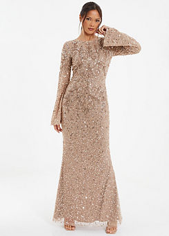 Taupe Embellished Mesh Long Flute Sleeve Maxi Dress by Quiz