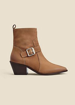 Taupe Leather Buckle Detail Western Ankle Boots by Sosandar