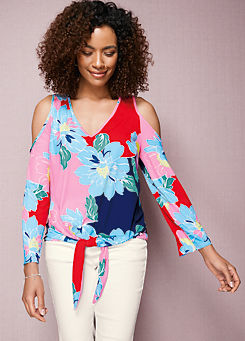 Tie Front Colour Block Floral Jersey Top by Kaleidoscope