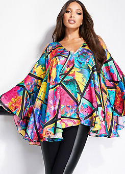 Tropical Print Cold Shoulder Wide Frill Satin Top by STAR by Julien Macdonald