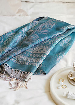 Turquoise Vintage Lace and Paisley Pashmina with Tassels by Xander Kostroma