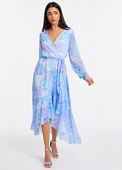 Watercolour Marble Print Chiffon Lurex Tiered Midi Dress with Long Sleeves by Quiz