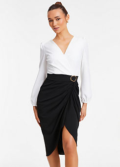 White & Black Scuba Crepe Wrap Ruched Midi Dress with Buckle Detail by Quiz