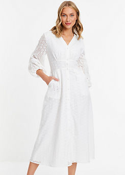 White Broderie Anglaise Midi Dress with Long Sleeves by Quiz