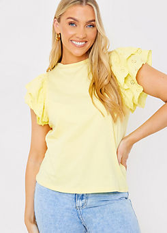 White Broderie Ruffle Sleeve T-Shirt by In The Style x Jac Jossa