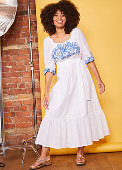 White Cotton Broderie Belted Midaxi Dress by Love Mark Heyes