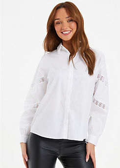 White Cotton Lace Trim Button Down Shirt by Quiz