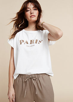 White Cotton Paris Print T-Shirt by Freemans
