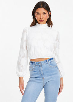 White Jacquard Woven Long Sleeve Crop Top by Quiz