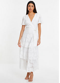 White Jacquard Wrap Midi Dress with Tiers and Tie Waist Belt by Quiz