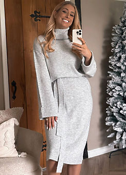 White Recycled Sequin Marl Belted Roll Neck Midaxi Dress by In The Style x Stacey Solomon
